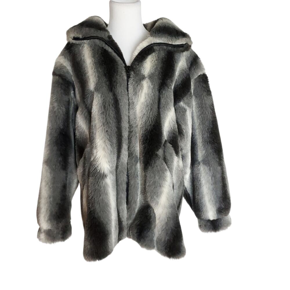 Maria Dionisiou Faux Fur Coat Mob Wife Hooded Black White Gray Full Zip Fits L